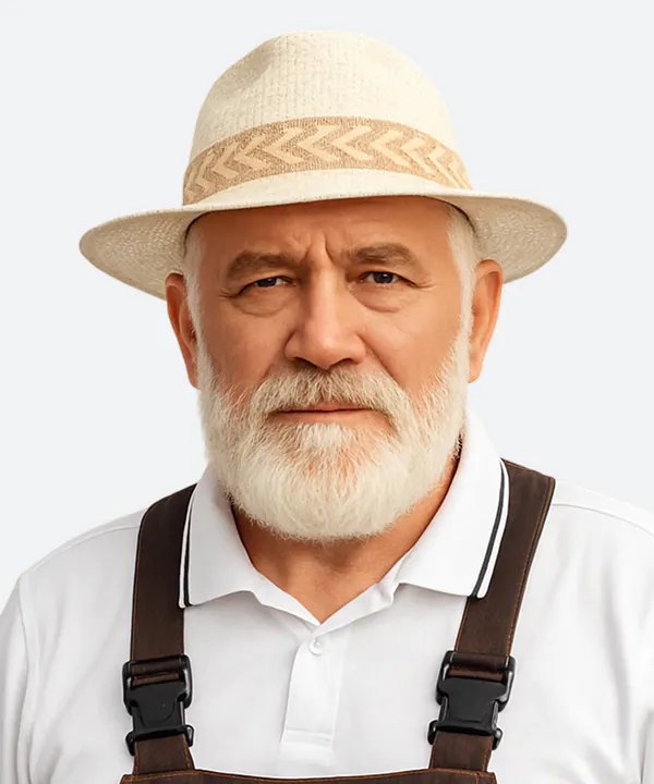 Older man with white beard wearing a straw hat, white polo shirt, and brown suspenders against a white background.