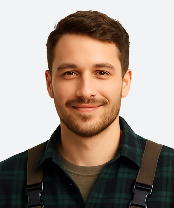 Portrait of a man with brown hair and beard wearing a dark green plaid shirt and black straps against a white background.