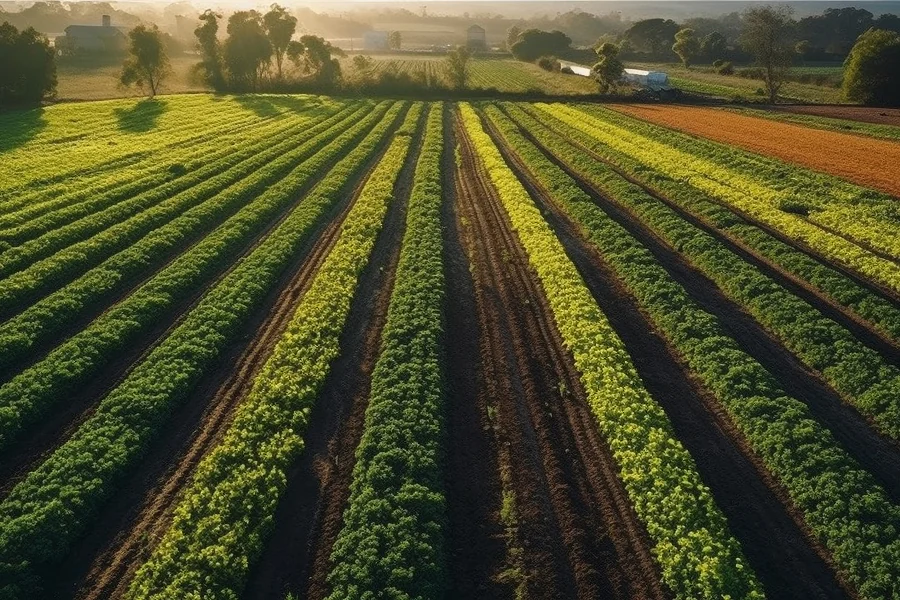 Agricultural field with parallel crop rows in morning sunlight, trees and river visible in misty background.