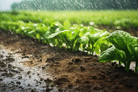 Rain falling on young crop seedlings growing in soil in an agricultural field.
