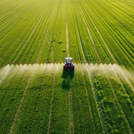 Aerial view of a tractor spraying pesticide or fertilizer across rows of green crops in a large agricultural field.