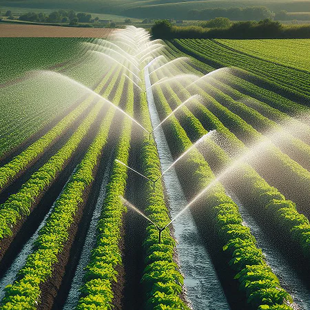Aerial view of irrigated crop fields with center pivot sprinkler systems distributing water across green planted rows.