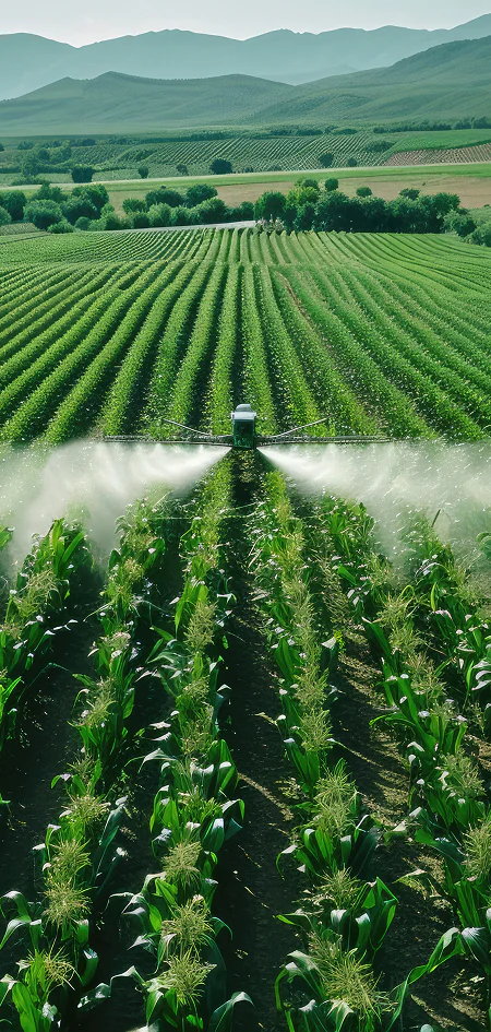 Irrigation system spraying water over corn crops in a valley with mountains and additional farmland visible in the background.