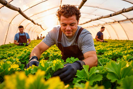 Farmer in blue shirt and apron harvesting leafy greens in a greenhouse tunnel with coworkers in background.