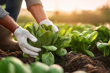 Farmer in white gloves harvesting fresh green leafy vegetables from soil in a sunlit field.