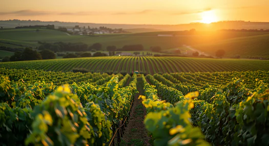 Vineyard rows at sunset with rolling hills and small village in the distance during golden hour.