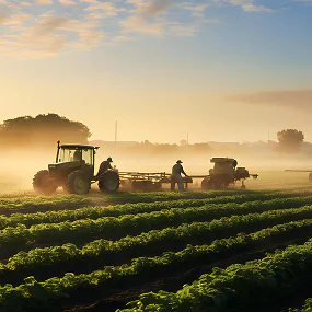 Tractor with farm equipment working in crop field at sunrise, with mist and green rows visible.