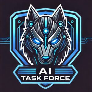 AI Task Force logo featuring a cybernetic wolf head with glowing blue eyes and circuitry details on a dark background.