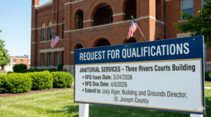 A decorative image of a courthouse with an RFQ sign out front.