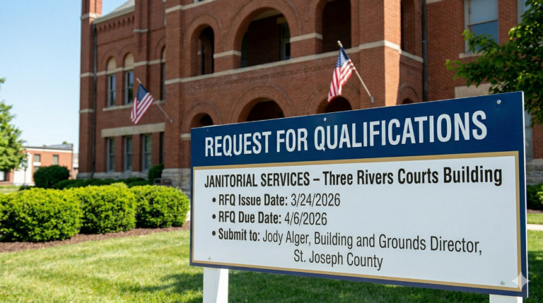 A decorative image of a courthouse with an RFQ sign out front.