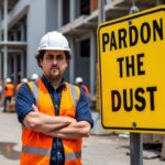 Man in construction gear near a sign that reads Pardon The Dust.