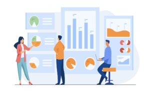 Three professionals analyzing business data displayed on charts, graphs, and pie charts on a wall.
