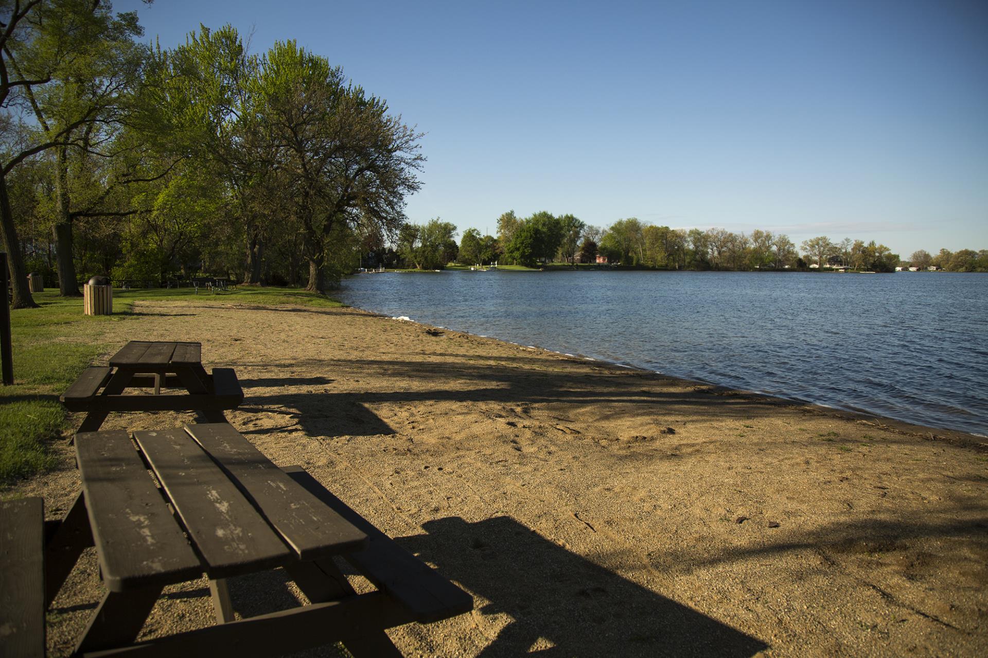 Sandy beach with picnic tables, trees, and calm blue water under clear sky.