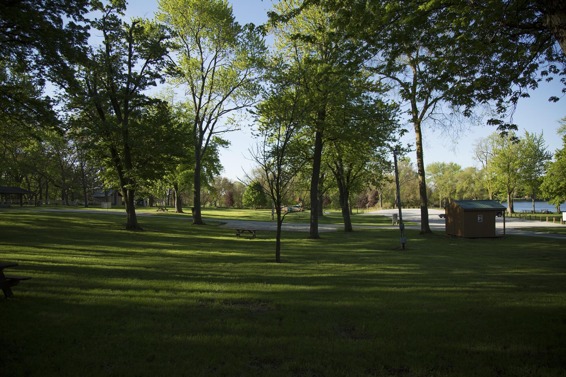 Scenic park with green lawn, mature trees, picnic table, small brown building, and lake visible in background under clear sky.