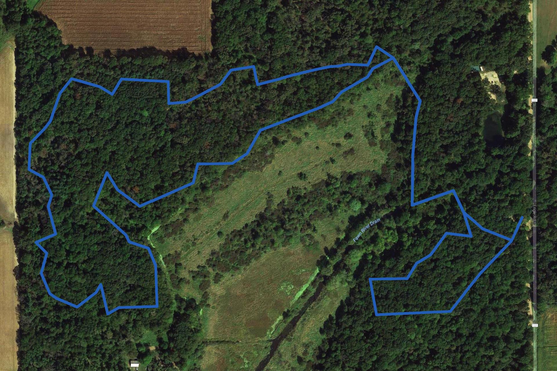 Aerial view of property parcel outlined in blue with forested borders and central cleared area with Forestry Drain visible.
