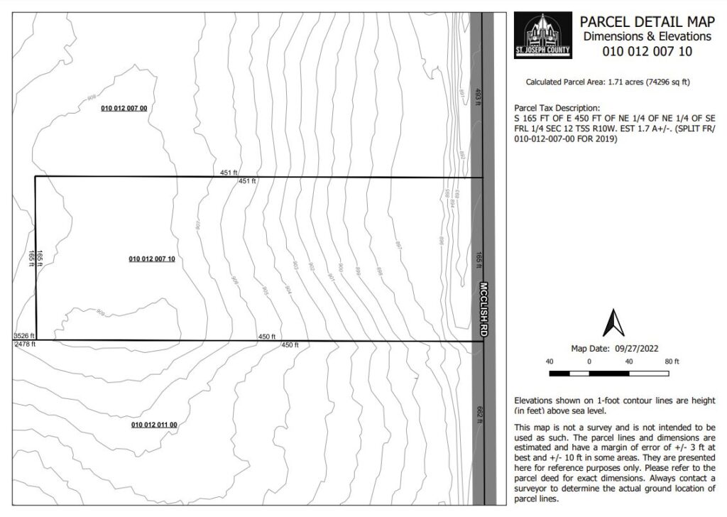 A technical parcel detail map for a 1.71-acre rectangular lot in St. Joseph County, showing topographic contour lines and a eastern border along McClish Road.