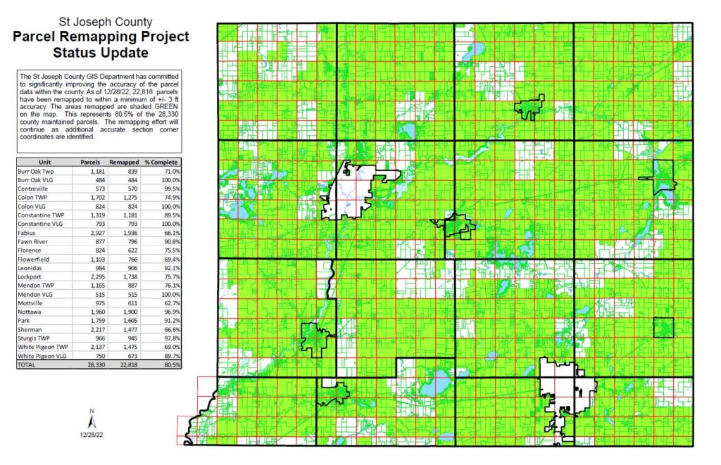 A status update map and table for the St. Joseph County Parcel Remapping Project. A large grid map shows remapped areas in bright green, covering 80.5% of the county. An accompanying table lists the completion percentage for every township and village.