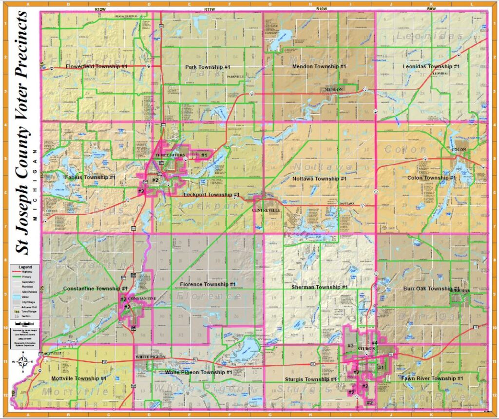 A political boundary map showing the 16 townships of St. Joseph County divided into voter precincts. Each township is outlined in green, with specific voting districts and polling locations marked across the county.