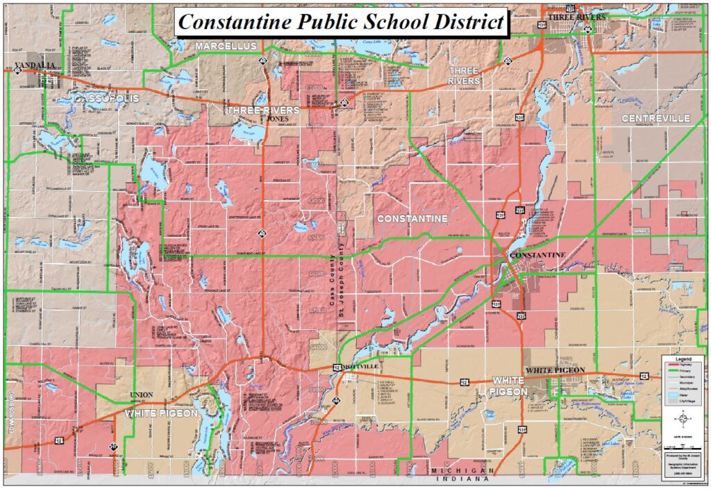 A regional map highlighting the Constantine Public School District boundaries in red. The district spans portions of St. Joseph and Cass Counties, including the Village of Constantine, and is bordered by the Three Rivers, White Pigeon, and Cassopolis school districts.