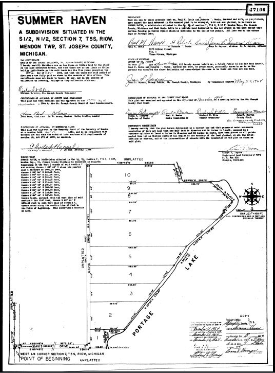 A 1964 legal plat map for the "Summer Haven" subdivision in Mendon Township, St. Joseph County, Michigan, showing 10 residential lots situated along Portage Lake and Davis Drive.