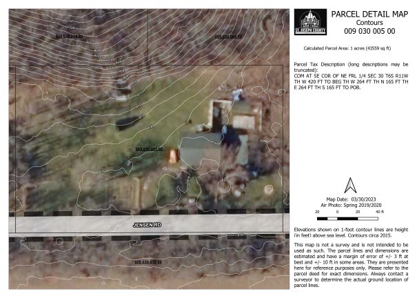 An aerial satellite view with topographic overlays of a 1-acre residential parcel in St. Joseph County, showing an existing home and structures with a southern border along Jensen Road.