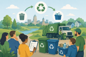 Community recycling program with residents sorting waste into green and blue bins while a garbage truck operates in a suburban landscape.