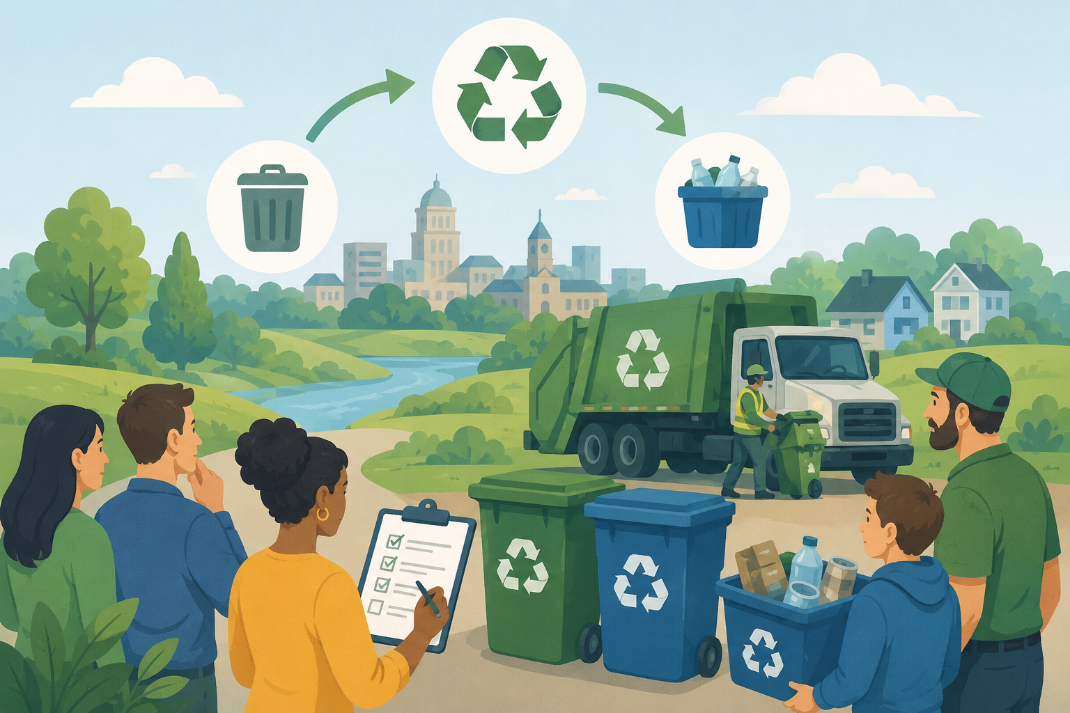 Community recycling program with residents sorting waste into green and blue bins while a garbage truck operates in a suburban landscape.