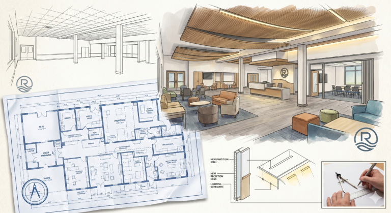 Architectural renderings and floor plans for interior renovation project showing layout, 3D perspective, and design details.