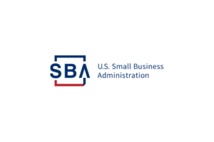 SBA U.S. Small Business Administration logo with blue letters and red accent bar on white background.