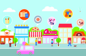 Colorful illustration of a shopping street with storefronts, people, and service icons representing retail, food, travel, and beauty businesses.