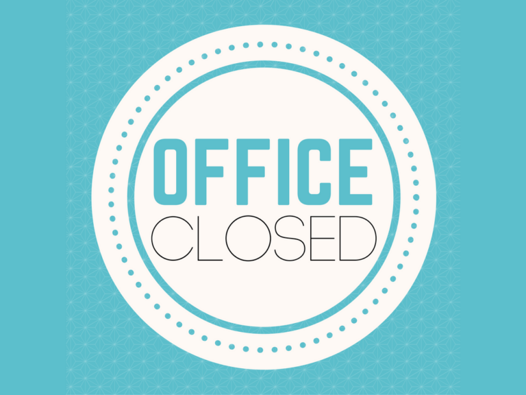 Circular sign with turquoise background displaying "OFFICE CLOSED" text in the center.