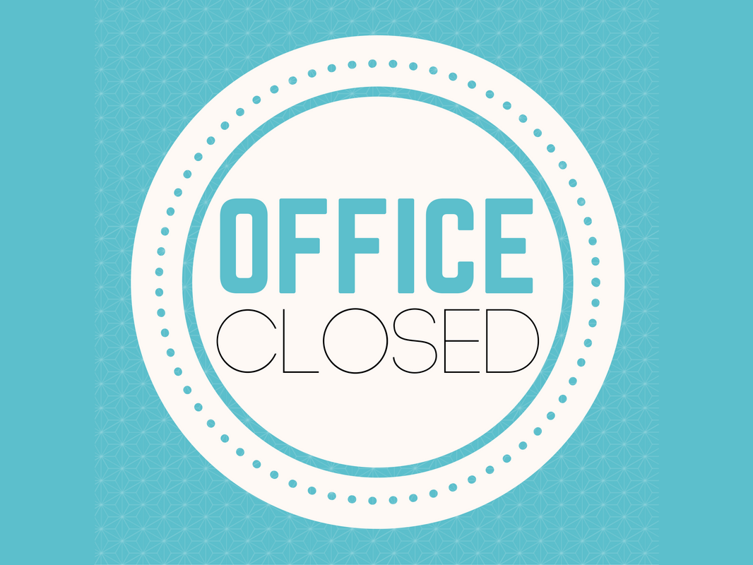 Circular sign with turquoise background displaying "OFFICE CLOSED" text in the center.